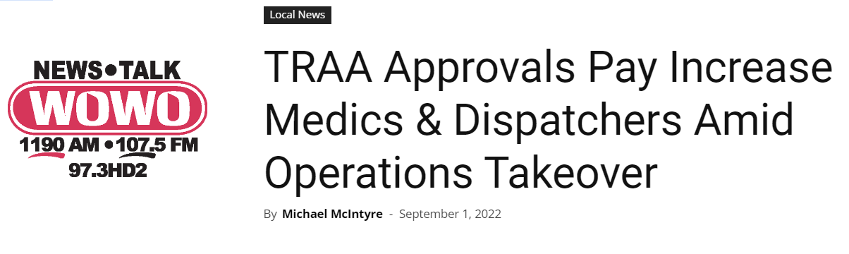 WOWO Headline "TRAA Approvals Pay Increase For Medics & Dispatchers Amid Operations Takeover"