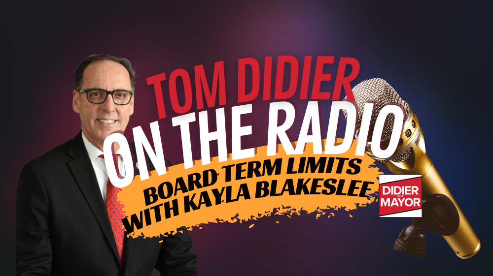 Image of Tom Didier with a microphone titled Tom Didier on the Radio talking Term Limits with Kayla Blakeslee